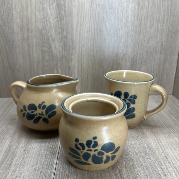 Pfaltzgraff Other - Vtg Pfaltzgraff Folk Art Sugar Bowl Creamer Set of 3 Stoneware Floral Blue Tan